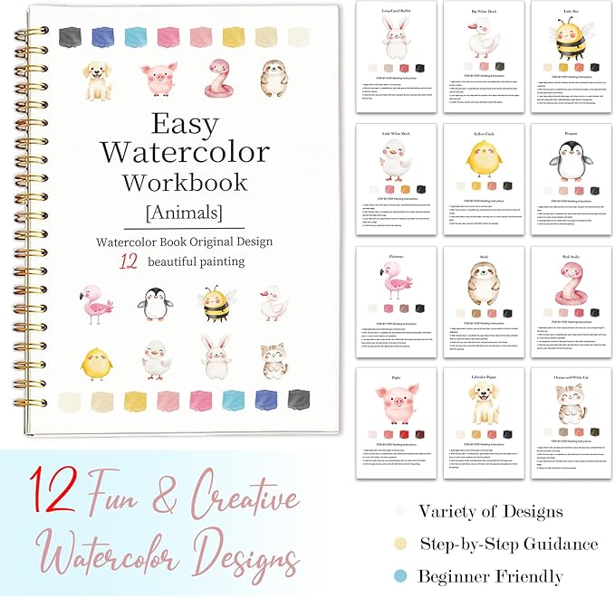 Easy Watercolor Workbook for Beginners - 12 Beautiful Step-by-Step Paintings Water Coloring Book, Includes 18 Colors Paints, Relaxing Art Projects and Creative Gift for Adults & Teen (Animals)