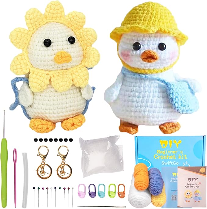 SwiftGo Crochet Kit for Beginners, 2Pcs Duck Crochet Animal Kits with Step-by-Step Video Tutorials, Beginner Amigurumi Crochet Starter Kit for Adults Kids, Holiday Birthday Gift