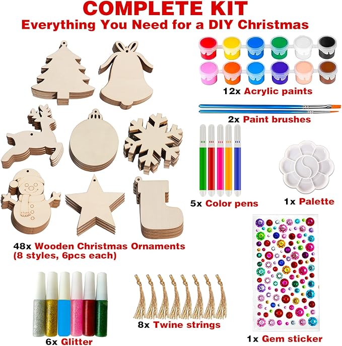 Christmas Ornaments Craft Kit, 48 Pcs Blank Wood Slices for Painting with Paint Pens and Brushes, DIY Wooden Christmas Ornament Set for Tree Decorations, Family Holiday Activities and Gifts