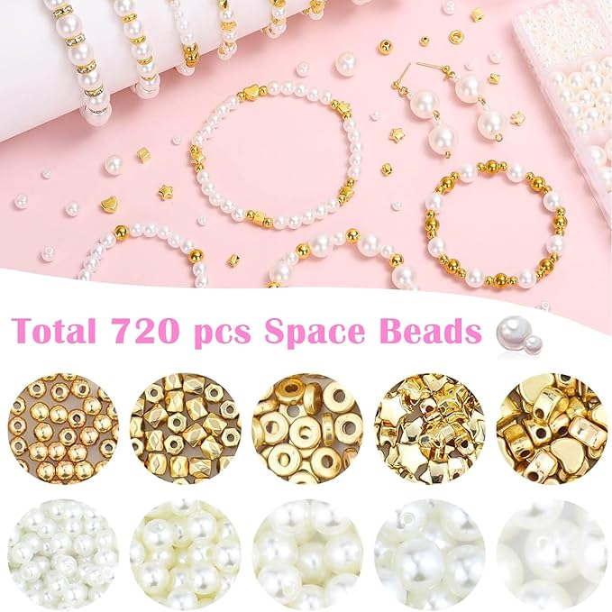 Frhrfhe Pearl Beads for Bracelets, 720pcs Ivory Faux Fake Pearls Gold Spacer Bracelet Making Kit with Hole for Adult, Friendship Bracelet Kits, Small Pearl & Gold Beads, Jewelry Making Kit