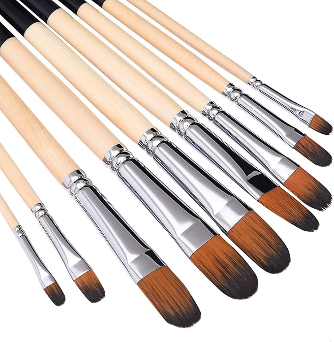 Artist Filbert Paint Brushes Set,9 Pcs Professional Painting Kits with Long Handle Soft Nylon Hair Filbert Brushes for Acrylic Oil Watercolor Gouache