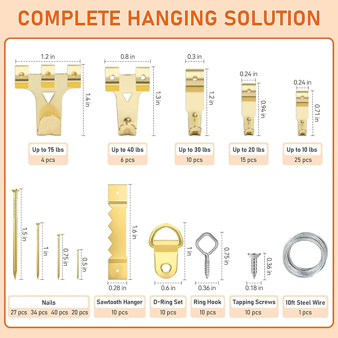 Picture Hanging Kit, 224pcs Hanging Hardware with Hooks, Wire, Nails, D Rings, Photo Sawtooth Hangers, Ring Hooks, Wall Art Frame Hanging Kit with Yellow Magnetic Level and Small Claw Hammer