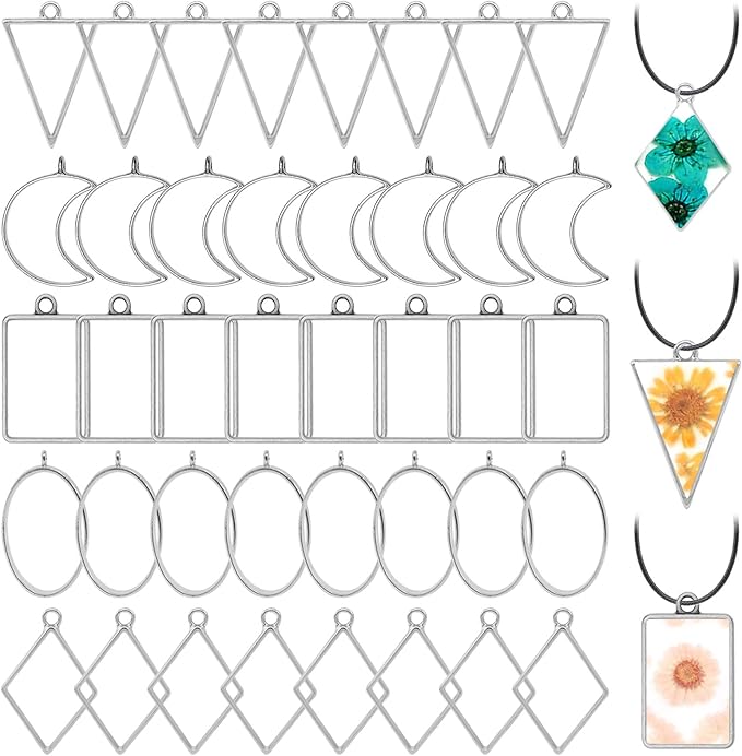 Oubaka 50pcs Open Bezel Pendants 5 Styles Open Back Bezel Pendant Open Frame Pendant Resin Craft Bezels for Resin Casting,Necklace,Earrings,Pressed Flower,DIY Crafts(White K)