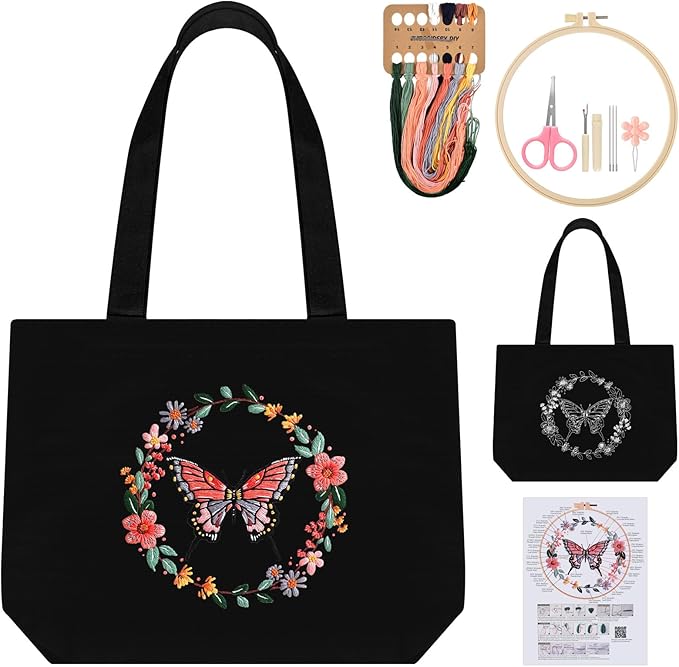 ERKOON Embroidery Canvas Tote Bag for Beginners, Floral Arts Crafts Cross Stitch Kits for Adults Including Stamped Embroidery Bag with Hoops, Needle, Instruction and Color Threads (Butterfly)