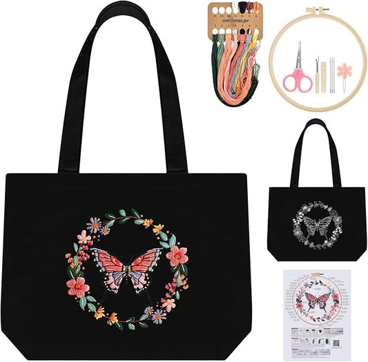 ERKOON Embroidery Canvas Tote Bag for Beginners, Floral Arts Crafts Cross Stitch Kits for Adults Including Stamped Embroidery Bag with Hoops, Needle, Instruction and Color Threads (Butterfly)