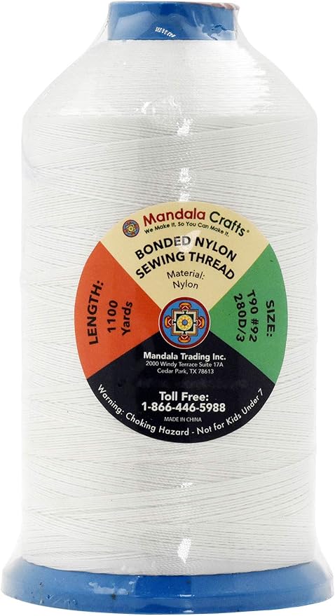 Mandala Crafts Size 92 280D T90 Bonded Nylon Thread - White 1100 YDs Tex 90 Heavy Duty Sewing Threads for Leather, Jeans, Weaving, Outdoor Marine Upholstery