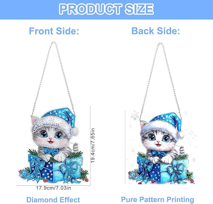 QENSPE Cute Cat Diamond Art Hanging Kits for Adults, 5D Special Shape Diamond Paingting Ornaments Kits with Chain, DIY Christmas Crystal Window Pendants for Home Wall Decor Double Sided 8X8 inch