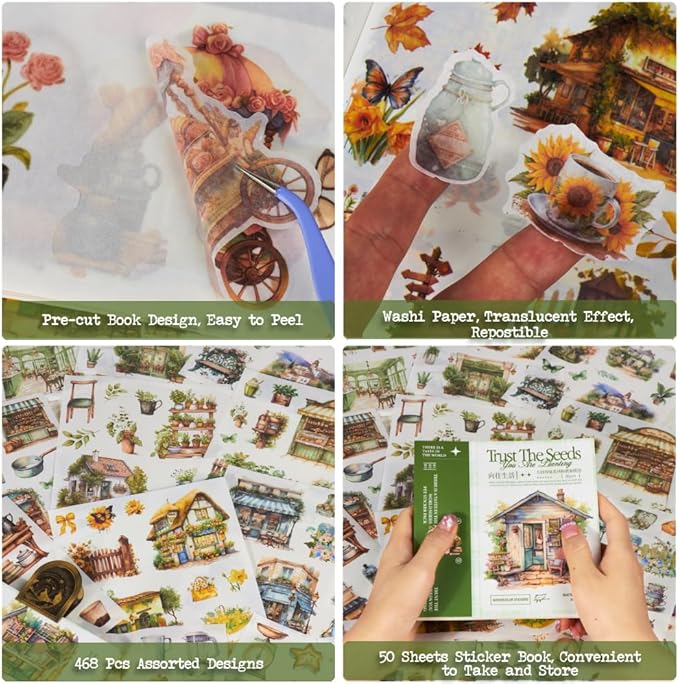 Garden Journal Stickers for Junk Journal Supplies, 50 Sheets Precut Watercolor Washi Sticker Book for Journaling, Scrapbooking, Bujo, Card Making, Art Crafts, Adults