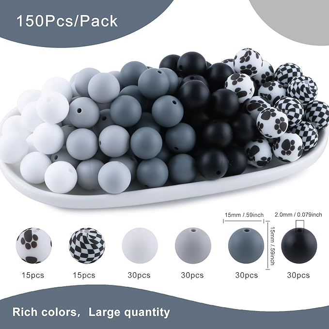 150Pcs Mixed Color 15mm Silicone Beads for Keychain Making, White Black Print Silicone Beads for Pens and Bracelet Jewelry Making