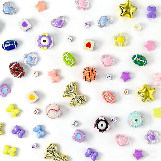VvLons Bead Keychain Making Kit, Beaded Bag Charm Kit with Glow in The Dark Stars Beads, Colorful Hearts Flowers Bow Letter Alphabet Pony Beads, Football Keyrings Great for Gift or Party DIY Crafts