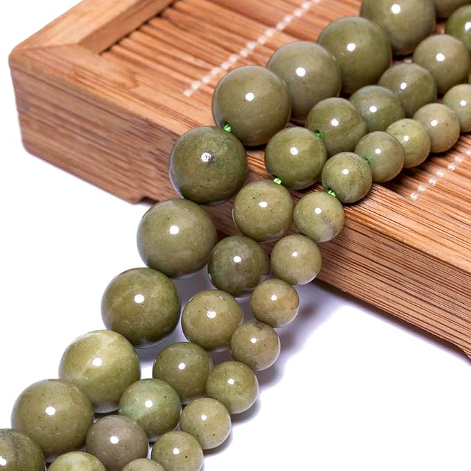 Stone Beads, 45pcs Olive Green Jades, 8mm Round Loose Beads for Jewelry Making, Bracelets, with Bag, String & Card