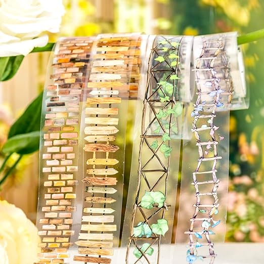 6 Rolls Garden Path PET Scrapbook Tapes, Landscaping Tape with Fence, Vines, Brick & Ladder Designs for Journaling & Scrapbook Supplies, Includes Decorative Clip