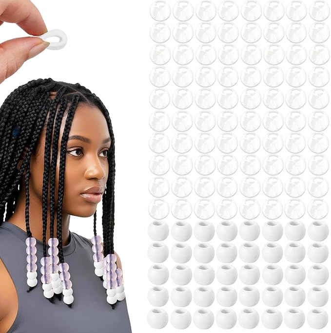 120Pcs 14mm Large Silicone Beads for Hair Braids, Soft Jellyish Hair Beads with 7mm Hole + 50 Rubber Bands and 1 Beader for Braiding, DIY Bracelets Necklaces Crafts(Transparent)