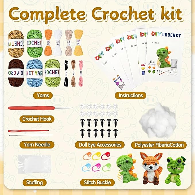 JackCao 6 Pack Crochet Kit for Beginners, 2026 DIY Craft for Adults, Crochet Animal Plush Kit with Step-by-Step Video Guides Tutorials Birthday Gift for Beginner Crochet Lovers ﻿ (Green)