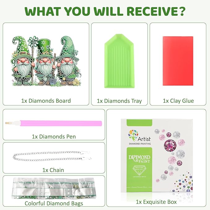 MEIYUDA St. Patrick's Day Hanging Diamond Art Kits for Adult, Four-Leaf Clover Gnomes Diamond Painting Kit Ornaments, DIY Special Shaped Rhinestone Window Pendants Kit for Home Wall Decor Gift