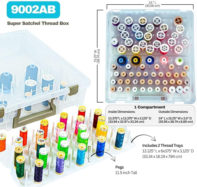 ArtBin Super Satchel Thread Box - Versatile Thread Storage for Sewing, Embroidery, and Quilting - 108 Pegs, Portable Design, Compatible with ArtBin Accessories - Made in USA, Transparent and Compact
