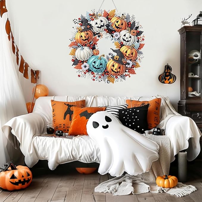 Diamond Art Hanging Kits for Adult, Pumpkin Wreath Diamond Art Crafts Decor, 5D DIY Acrylic Diamond Art Painting Ornaments, Window Pendants Wall Hanging Kits for Home Garden