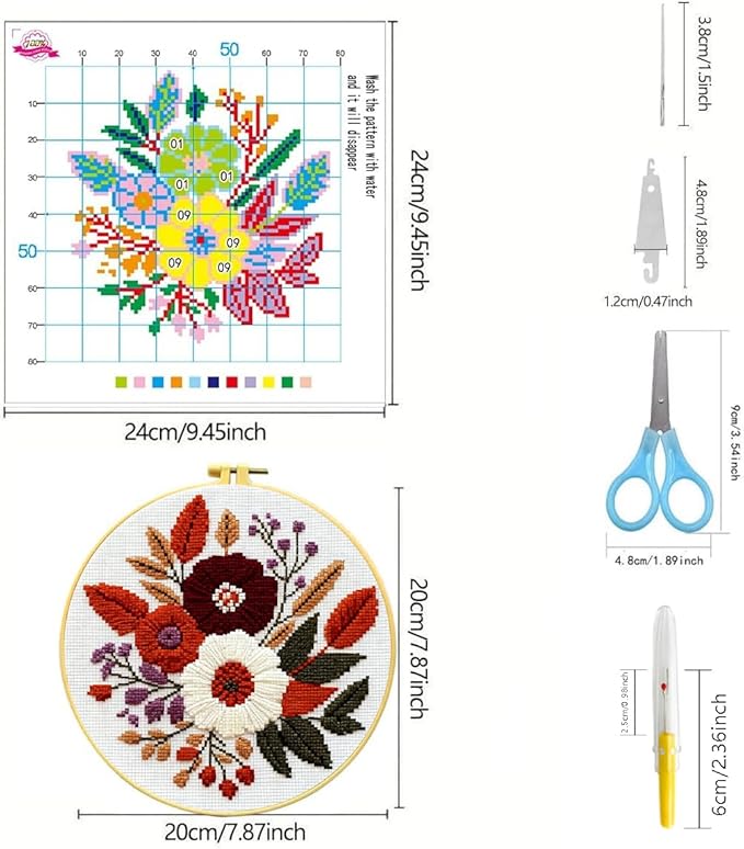 Zhenqing 4-Piece Nature Themed Cross Stitch Kit - Deer, Tree, Fish & Flower Designs with Pre-Printed 11CT Fabric, Hoop & Tools for Beginners (69180)