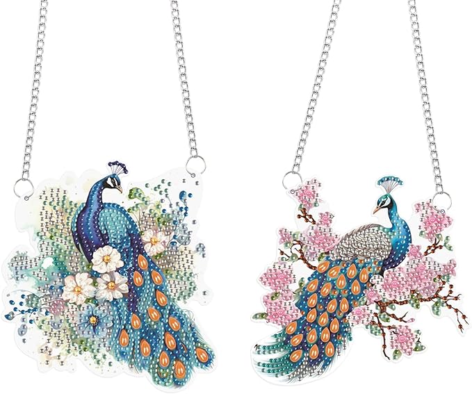 2 Pack Diamond Painting Peacock Hanging Ornaments – DIY Crystal Art Sun Catcher Kit for Window, Wall or Car – Elegant Decorative Gift for Women, Nature & Bird Lovers