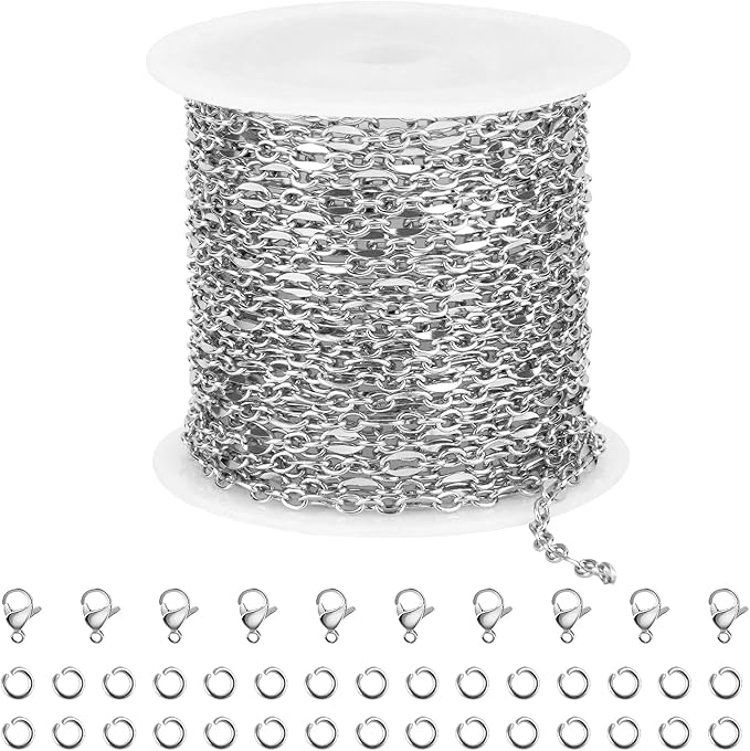 Kyutong 16.4 Feet Stainless Steel Cable Chain for Jewelry Making Thin Lip Links Chains Bulk with Connectors for Jewelry Crafts Supplies
