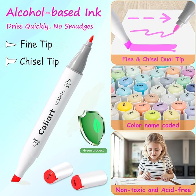 caliart markers, 100 colors dual tip art markers sketch pens permanent alcohol based, with case for adults artists drawing illustration sketching coloring (white barrel)