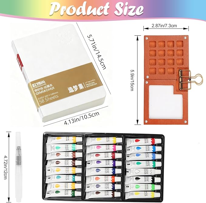 Mini Watercolor Paint Set, Watercolor Kit, Mini Watercolor Travel Set with Wooden 15-Grid Palette, 24 Colors Paint, a Bag, 2 Brushes, Copper Clip & Sketchbook for Travel Painting (White)