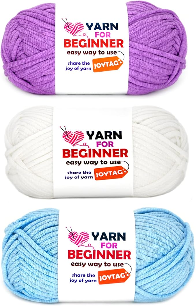 Yarn for Crocheting and Knitting Cotton Crochet Knitting Yarn for Beginners with Easy-to-See Stitches Cotton-Nylon Blend Easy Yarn for Beginners Crochet Kit(3x50g)-Purple+White+Blue
