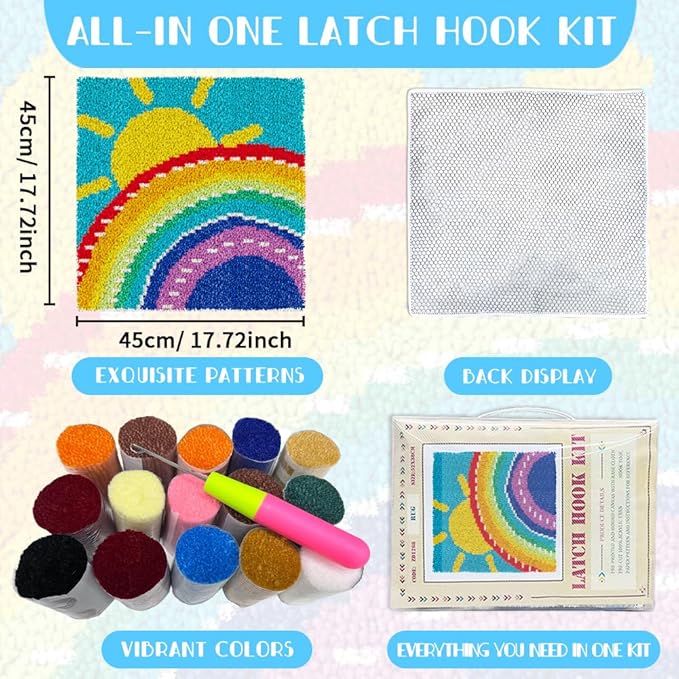 ORIGACH Rainbow & Sun Latch Hook Rug Kit for Adults Printed Rug Making Kit Handmade Carpet Tapestry Cover with Hook Latch and Preprinted Canvas, Home Arts Crafts Sofa Decor, 17.72x17.72inch