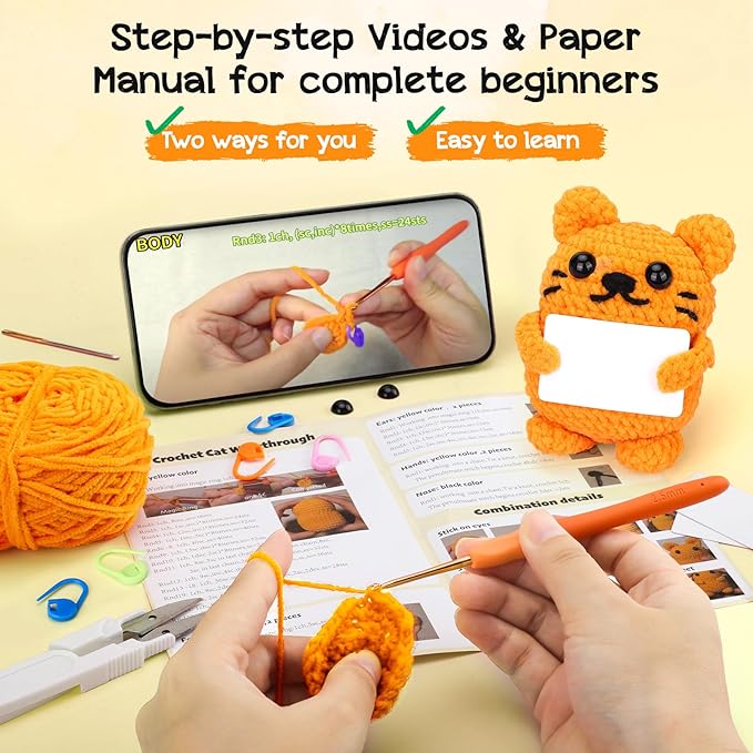 Crochet Kit for Beginners Kids Birthday Easter Basket Stuffers Teens Adults Custom Birthday DIY Gifts for Women Daughter Granddaughter Cat Crochet Kits with Step-by-Step Video Tutorials(40%+ Yarn)