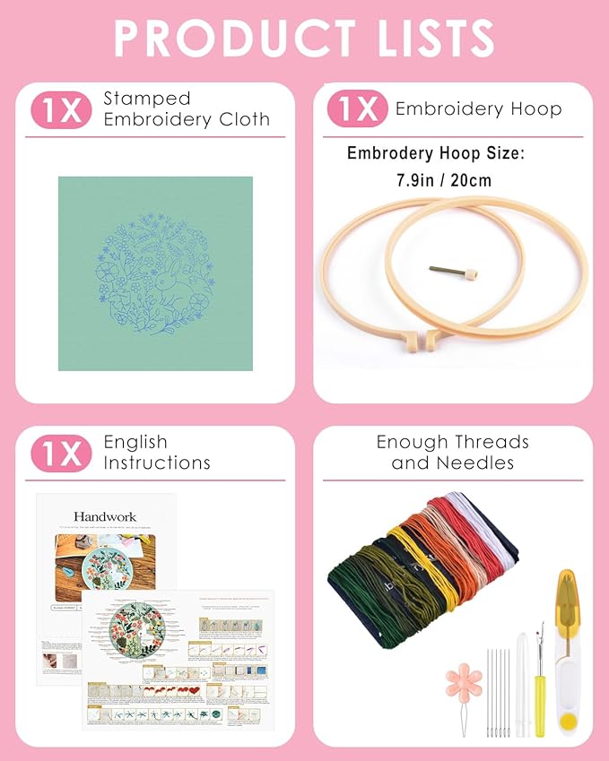 TINDTOP Embroidery Kit for Beginners Adult, Rabbit Embroidery Kit for Beginners Include Embroidery Cloth Hoops Threads for Craft Lover Hand Stitch with Embroidery Skill Techniques