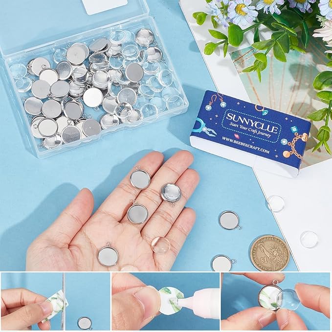 SUNNYCLUE 1 Box 120Pcs Bezel Tray Blanks Pendant Tray Kit Stainless Steel Pendant Bezels Round Clear Cabochon Domes Set for Jewelry Making Charms DIY Craft Photo Findings