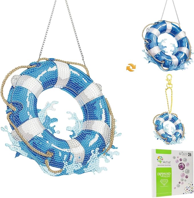Masendp Hanging Diamond Art Decoration Kit 5D Diamond Painting Kit, DIY Swimming Ring Ocean-Themed Diamond Art Kit Suitable for Beginners and Adults, Home Wall and Garden Decoration