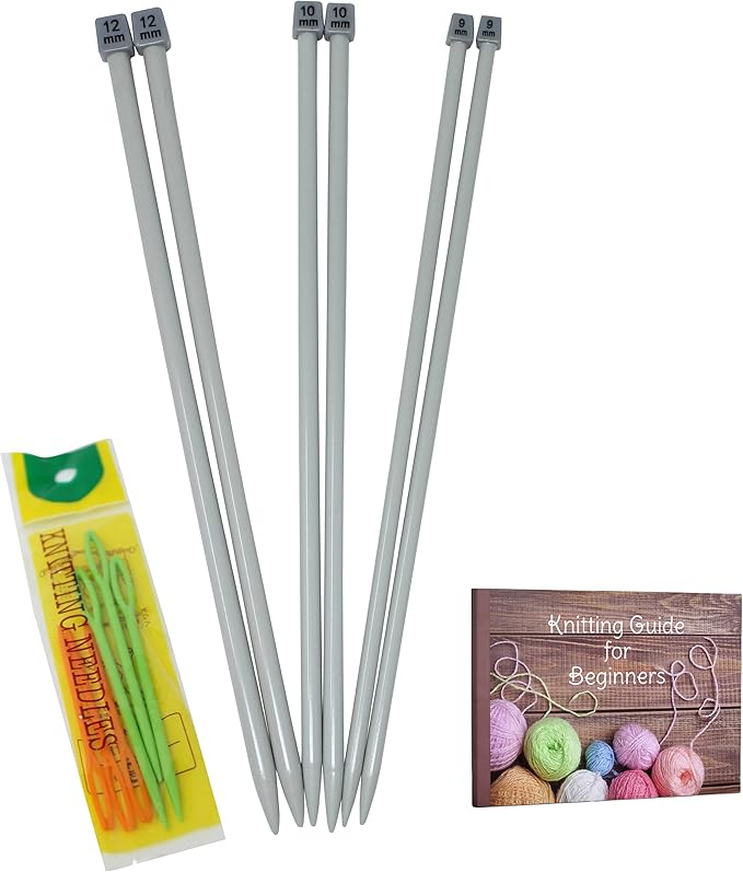 KnitPal 16-Inch (40cm) Aluminum Knitting Needles Set for Blankets - Straight Knitting Needles Set Single Pointed - 3 Pairs, US Sizes: 13/9mm, 15/10mm, 17/12mm - Metal Knitting Needles with eBook