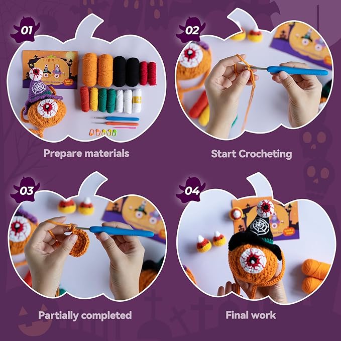 Sinyon Beginner Crochet Kit with Video Tutorials - Pumpkin Candy Bag Crochet Patterns, 40%+ Premium Yarn, Complete Crocheting Tools for Adults & Kids - DIY Craft Gift for Birthdays, Holloween (Black)