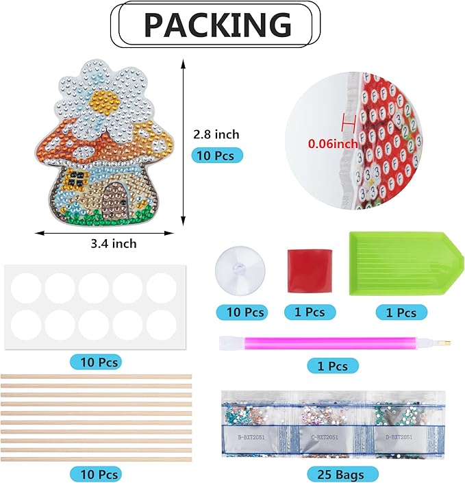 SWATOM 10PCS Diamond Art Kits for Adults for Garden Decor with Fairies, Garden Gnomes & Mushroom Houses Wood Stakes Diamond Painting Dotz Ornaments Kits for Indoor Outdoor Yard Decoration Crafts