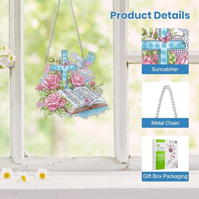 EOBROMD Diamond Hanging Art Kits for Adults Book, Diamond Art Painting Cross Window Pendant Kits Suncatchers, DIY Special Shaped Rhinestone Adults, Home Wall Decor
