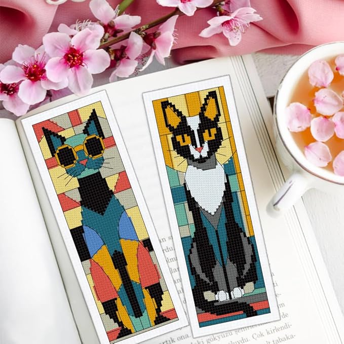 ORIGACH 6 Set Stained Glass Black Cat Cross Stitch Bookmark Kit for Beginner with Backing Felt Floss Instructions DIY Stamped Embroidery Bookmark Kit for Adults, Book Lovers