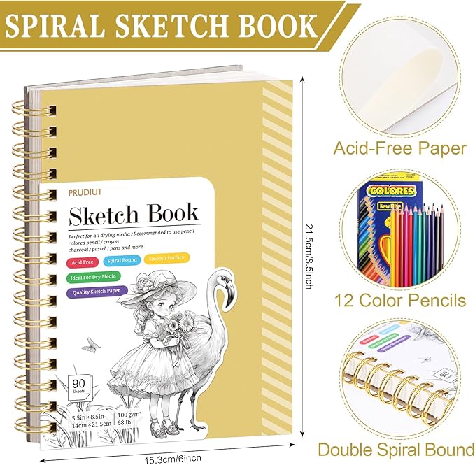 Sketch Book with 12 Color Pencil Set, 90 Sheets Spiral Sketchbook for Drawing (68lb/100gsm), Acid-Free Sketch Pad for Artist, Art Paper Drawing Supplies for Gifts(Yellow)