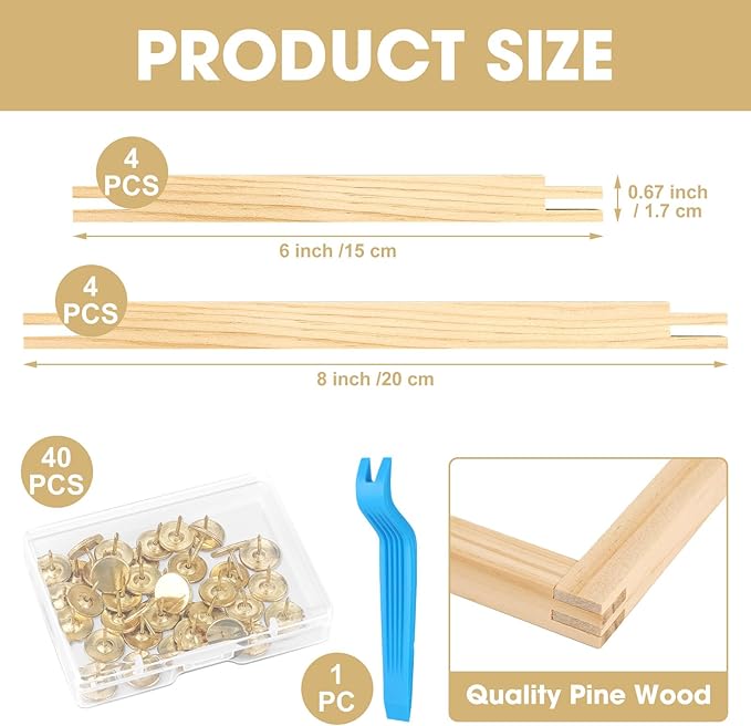 Czlotyh 8 PCS Needlepoint Stretcher Bars 2 Sizes Stretcher Bars for Needlework Wooden Canvas Art Supplies with 40 Thumb Tacks for Needlepoint Embroidery Stitch Frame Set Bundle with Crafts