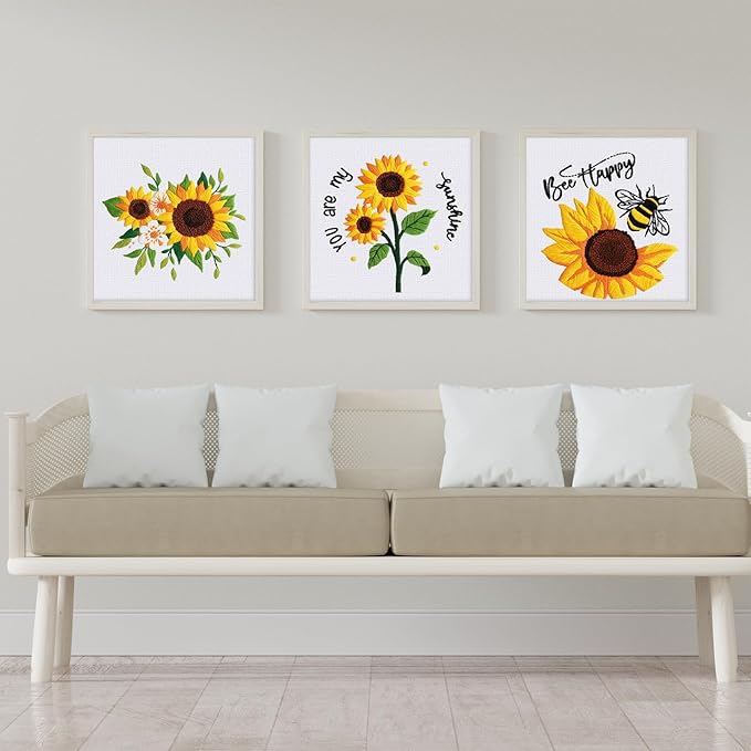 Louise Maelys 3 Sets Sunflowers Embroidery Kit for Beginners,Cross Stitch Kits for Adults with Summer Flowers Bee Stamped Pattern,Starters Needlepoint with Embroidery Instruction