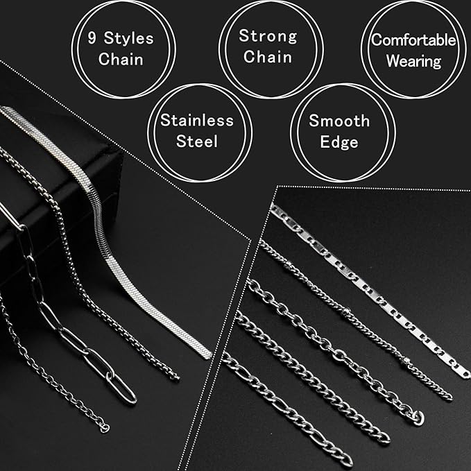 76 Feet Stainless Steel Chain for Jewelry Making, 9 Style Necklace Jewelry Chains for DIY Necklace Bracelets Craft Jewelry Making Supplies with Stainless Steel Jump Rings Lobster Clasp Connectors
