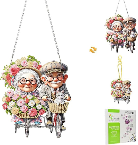 Masendp Elderly Flower Cart Diamond Painting Hanging Decoration Kit, DIY Special-Shaped Rhinestone Window Hanging Kit, Suitable for Home and Garden Wall Decoration Gifts