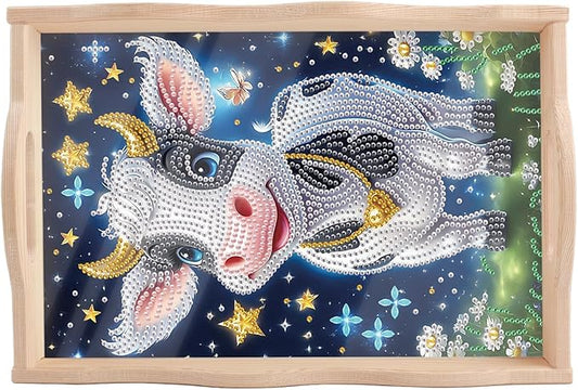 DIY Diamond Art Tray with Handle Diamond Art Painting Plate Creative Design Handmade Wooden Tray Mosaic Making Kits by Number Kits Diamond Art for Coffee Living Room Home Organizer (Milk Cow)