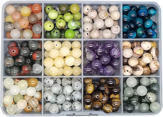 252pcs 8mm Natural Round Stone Beads Gemstone Beading Hole Size 1mm Crystal Energy Stone Healing for Bracelet Necklace Earrings Jewelry Making(12 Colors-4,8mm)