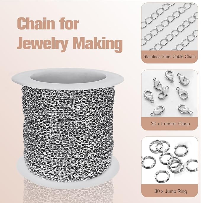 WXJ13 Chains for Jewelry Making 36FT 2 Rolls, Silver Stainless Steel Jewelry Chains with 60 Pieces Open Jump Rings & 40 Pieces Lobster Clasps for Necklace Chain DIY Making Accessories