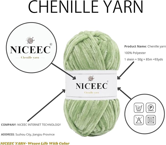 NICEEC 3 Skeins Soft Chenille Yarn Blanket Yarn for Knitting Fancy Yarn for Crochet Weaving DIY Craft Total Length 3×85m (3×93yds, 3×50g)_Mint Green