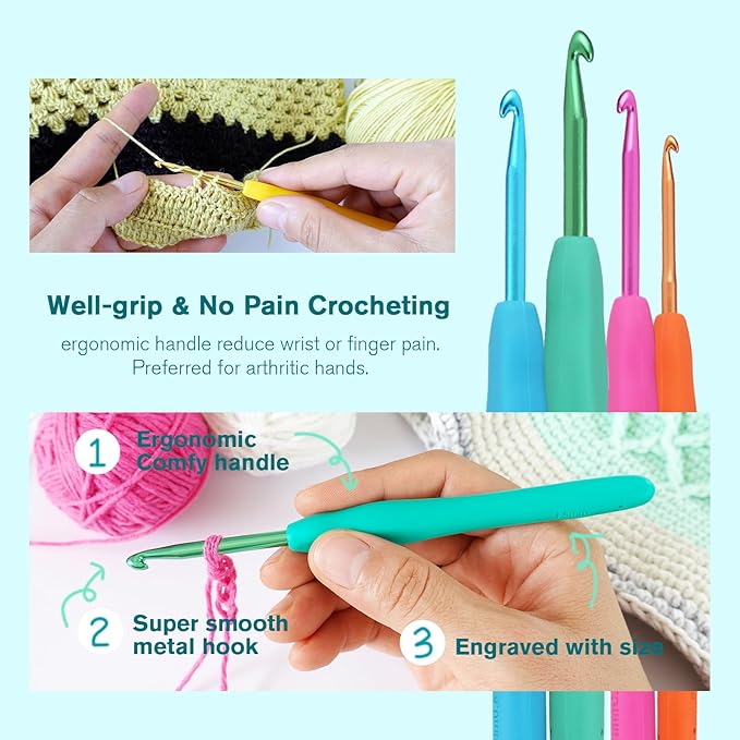 YOJOB Crochet Hooks Set (12 Sizes), Super Smooth 2.0mm-8.0mm Ergonomic Soft Grip Crochet Needle Kit with Accessories and Crochet Case