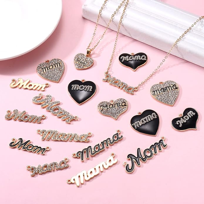 18/20PCS Mama Charms for Jewelry Making Rhinestone Heart Birthday Mother’s Day Charms Letter Mama Mom Pendants for Necklace Bracelet Making DIY Crafts