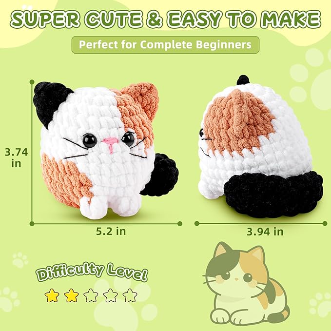 Cat Crochet Kit for Beginners-Calico Cat Crochet Kits for Adults Kids, Crochet Starter Kit with Step-by-Step Video Tutorials,Crochet Animal Kits Learn to Crochet Kits for Adults Kids