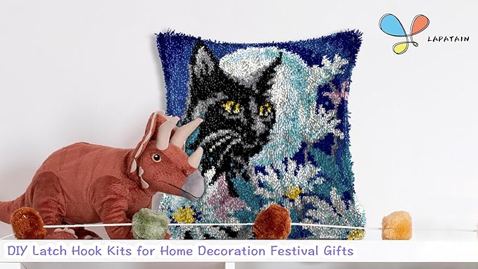 LAPATAIN Latch Hook Kits for DIY Throw Pillow Cover,Black Cat Needlework Cushion Cover Hand Craft Crochet for Great Family 17x17inch